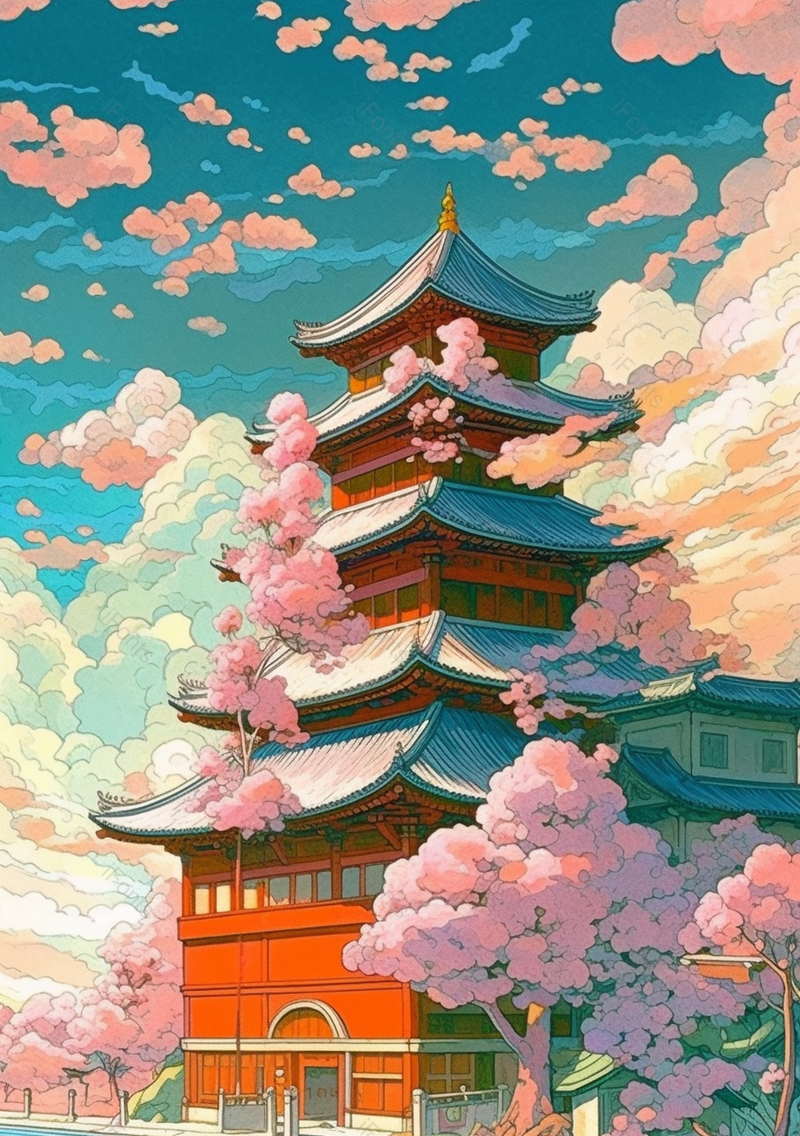 春天桃花盛开的中国风建筑古典插画,插画/手绘图,插画/手绘图库,插画/手绘图下载,插画/手绘